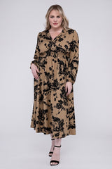 Shop Plus Size Women's Brown Floral Print Smocked High Waist Midi Dress , Dresses, USA Boutique