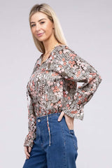 Floral Print Tie Neck Bishop Sleeve Blouse, Nuvi Apparel, $ 32.95