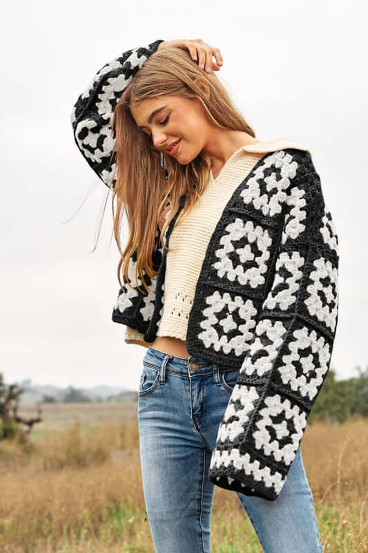 Floral Square Crochet Open Knit Cardigan