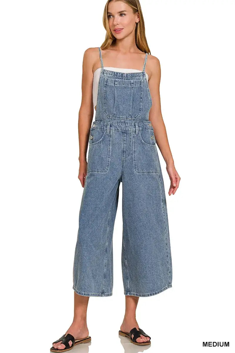 Stylish Denim Medium Washed Wide Leg Overalls, Overalls, $ 59.00, A Moment Of Now™