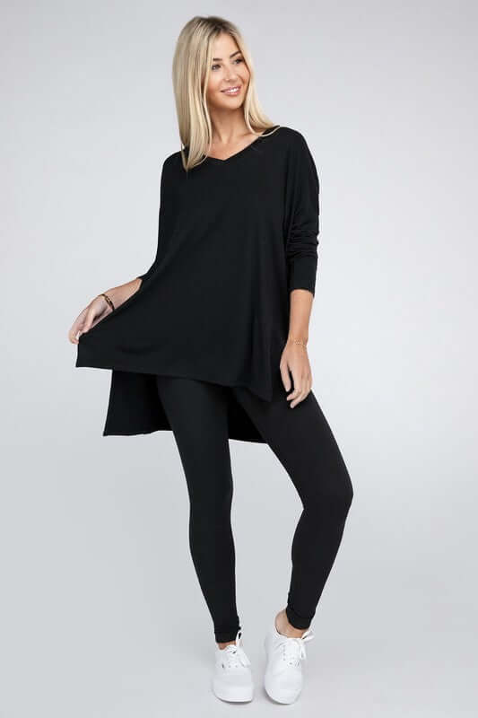 Dolman Long Sleeve V-Neck Side Slit Hi-Low Hem Top, ZENANA, $ 19.00