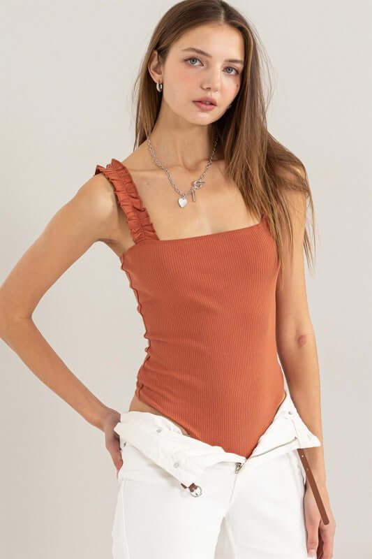 Ribbed Ruffle Strap Bodysuit, HYFVE, $ 31.95