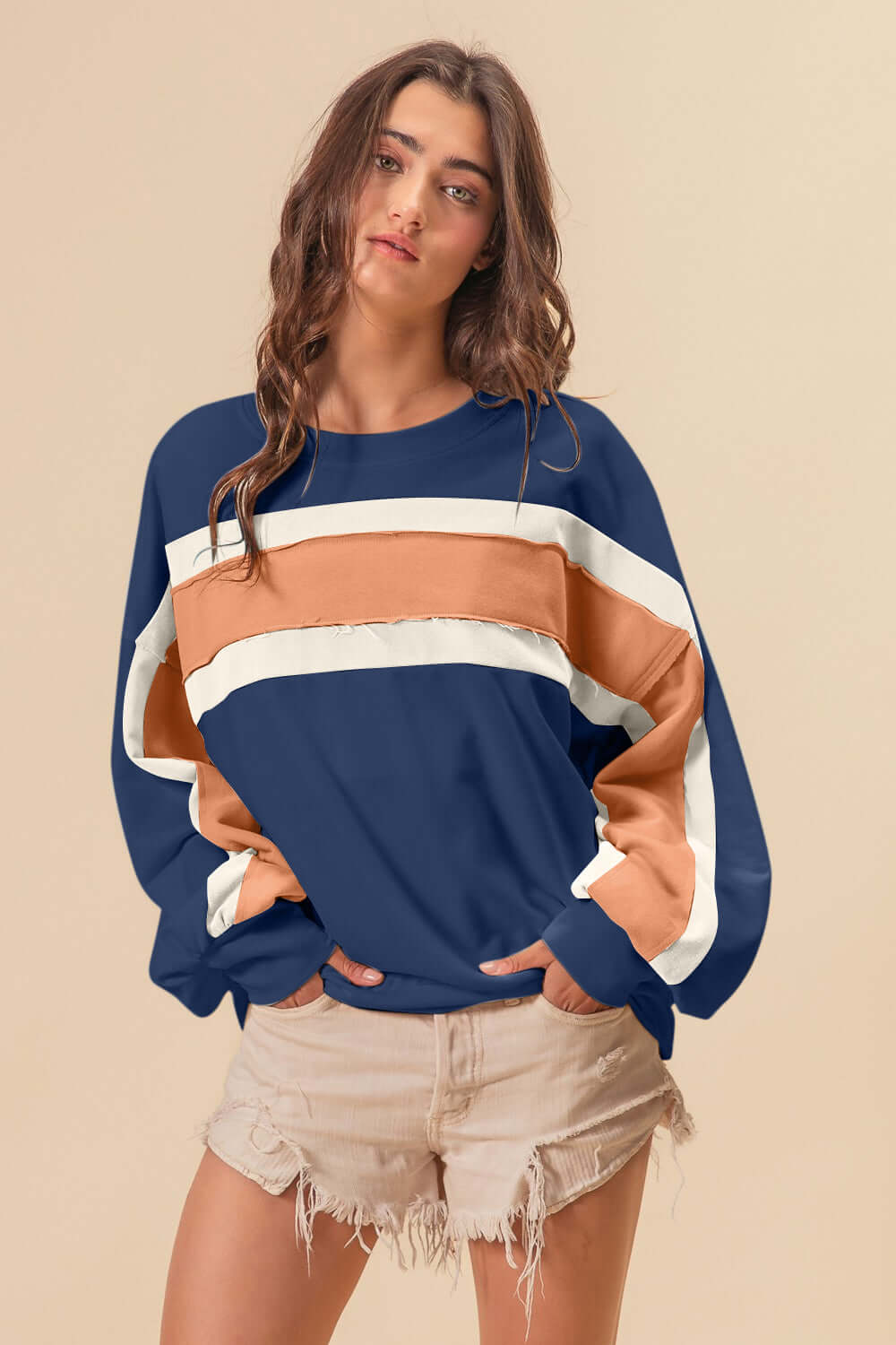 Blue French Terry Color Block Sweatshirt, Sweatshirts, $ 47.00, A Moment Of Now™
