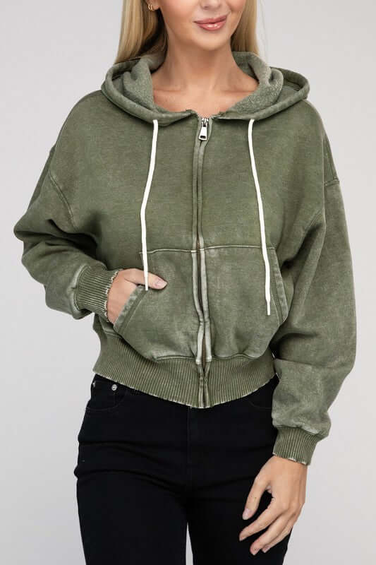 Acid Wash Fleece Cropped Zip-Up Hoodie, ZENANA, $ 49.95