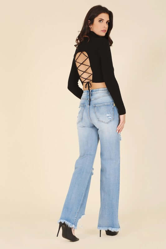 Mock Neck Lace-up Open Back Long Sleeve Top