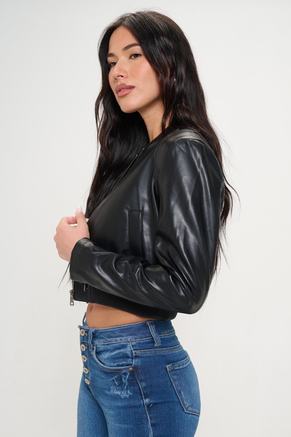 Black Zip Up Cropped Bomber Faux Leather Jacket