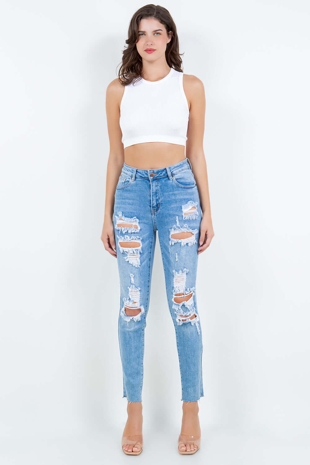 Blue High Waist Slightly Stretchy Destroyed Jeans, American Bazi, $ 36.00