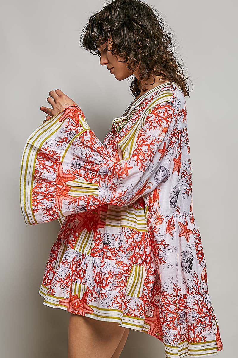 Red Striped Floral Long Sleeve Mini Dress with Pintuck Detail, Dresses, $ 60.00, A Moment Of Now™
