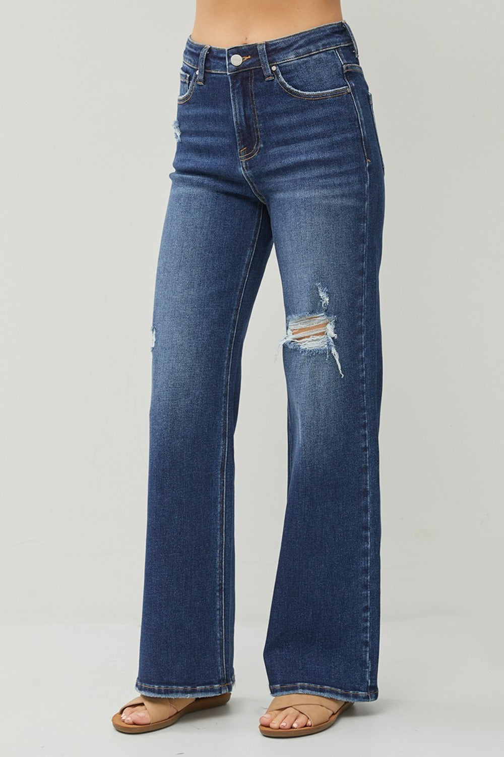 Dark Blue High Rise Distressed Wide Leg Jeans