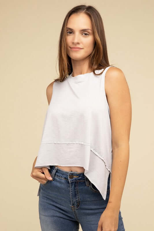 Women's Shark Bite Side Slit Short Sleeveless Top | USA Boutique, ZENANA, $ 25.95