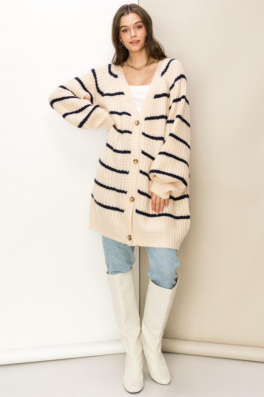 Shop Women's Cream Brown Oversized Striped Sweater Cardigan , Cardigans, USA Boutique