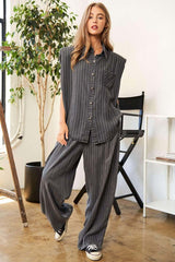 Gray Stripe Button Down Shirt and Long Pants Set, Davi & Dani, A Moment Of Now