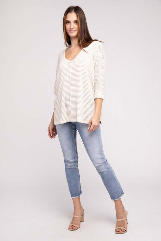 3/4 Sleeve V-Neck Hi-Low Hem Jacquard Sweater, ZENANA, $ 24.95