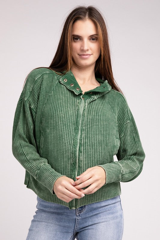Shop Women's Acid Wash Cotton Waffle Hooded Zip-Up Jacket | Boutique Shop, Jackets, USA Boutique