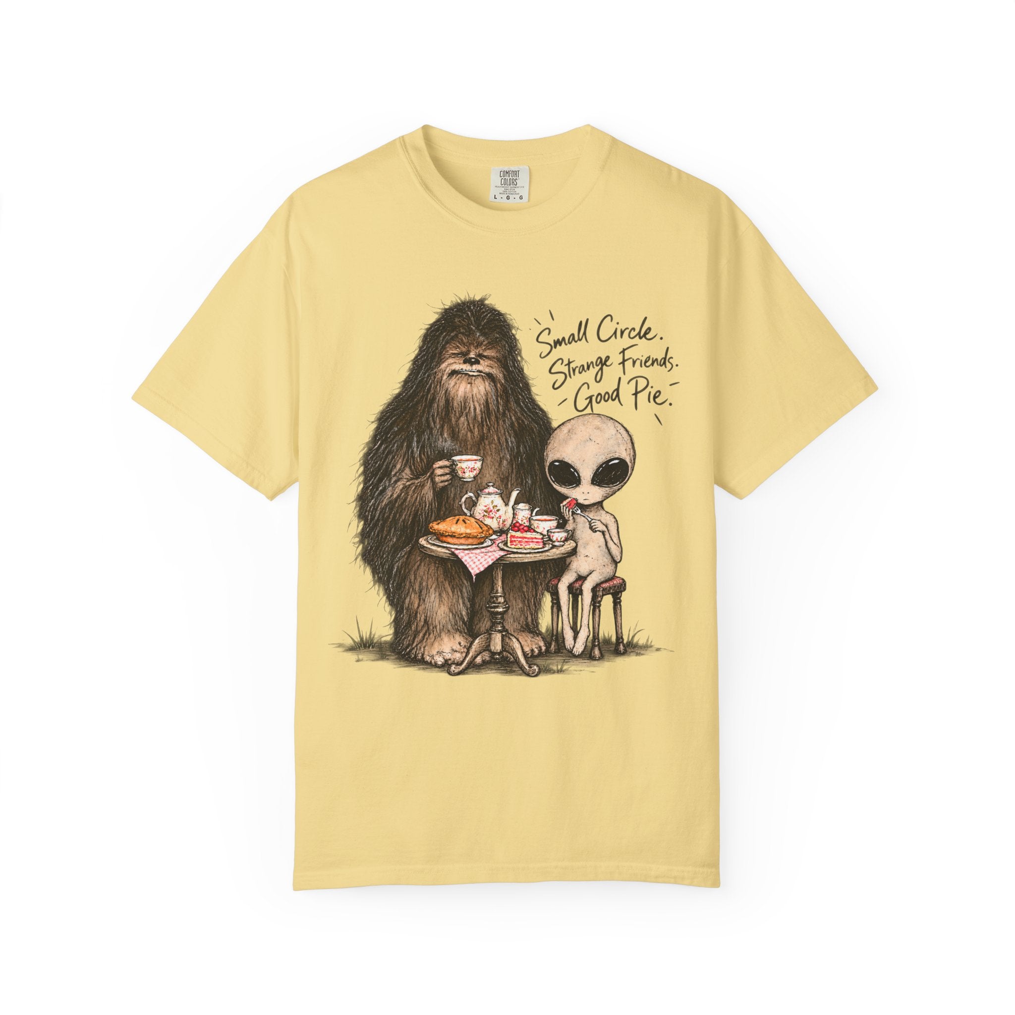 Bigfoot & Alien Tea Party T-Shirt | Small Circle, Strange Friends, Good Pie