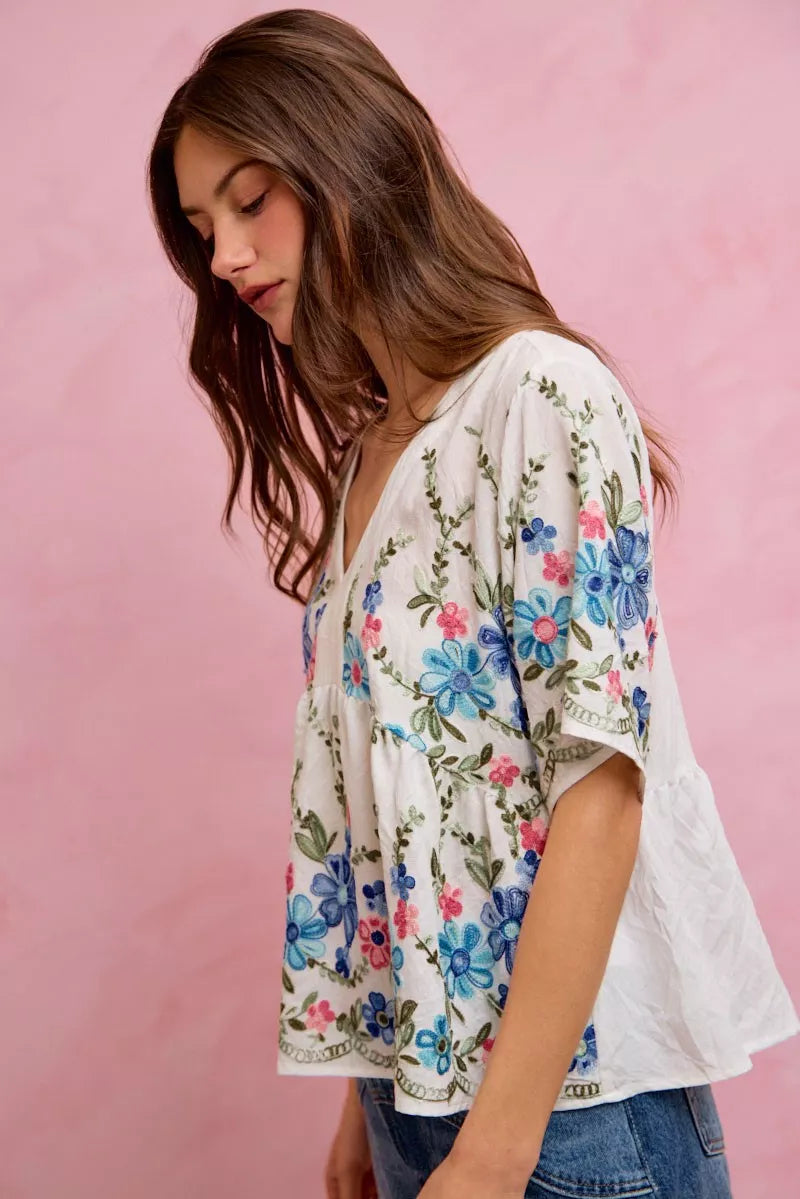 Floral Embroidered Baby Doll Blouse Top | Boutique In USA, Blouses, $ 49.00, A Moment Of Now™