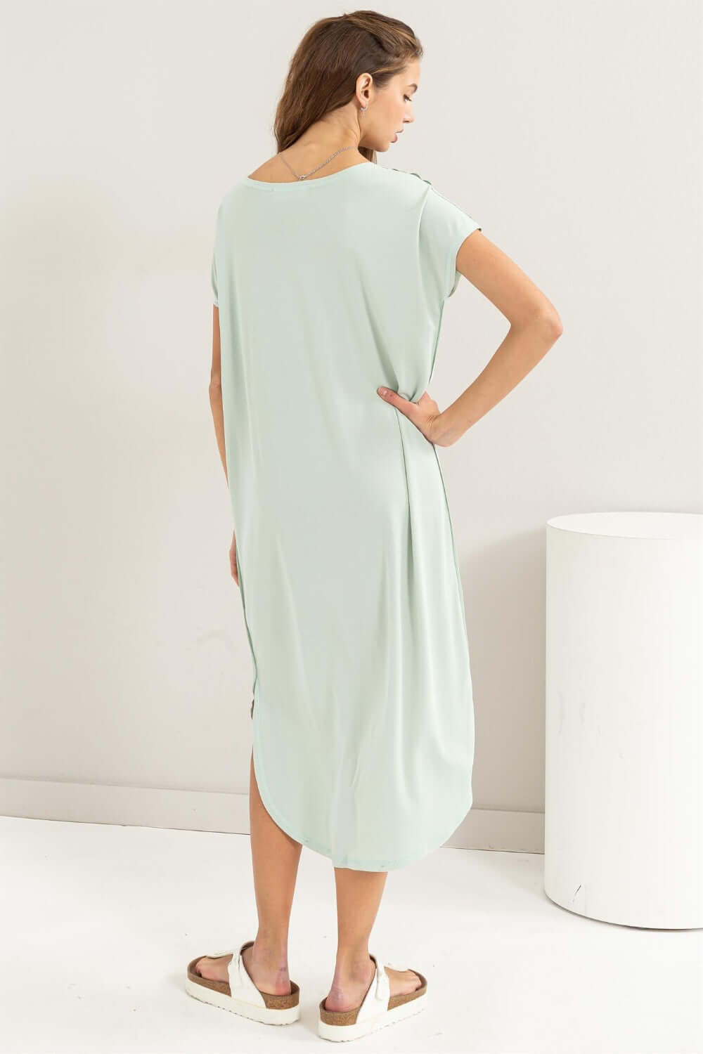 Mint Green Short Sleeve High-Low Slit Midi Dress for All Occasions, Dresses, $ 35.00, A Moment Of Now™