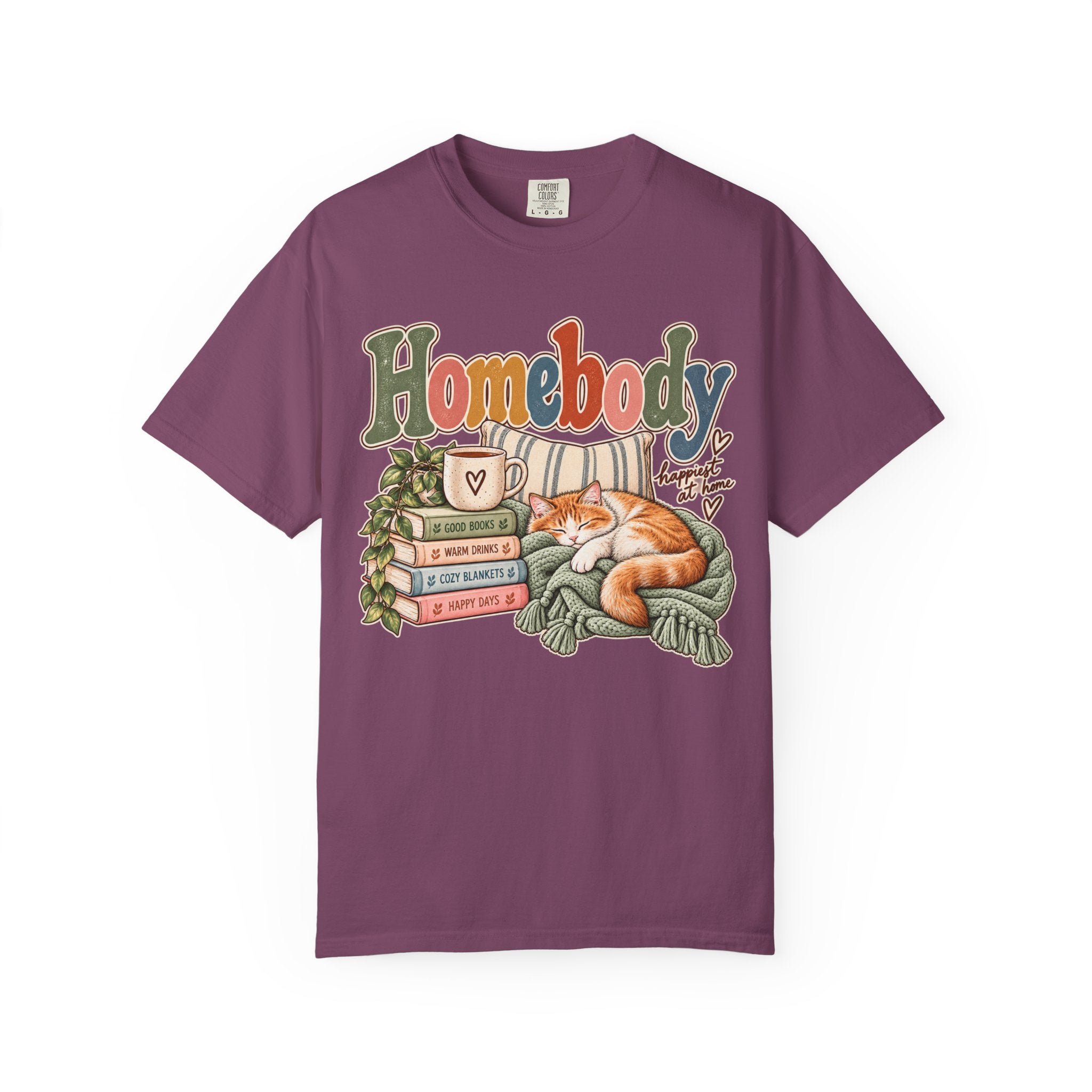 Homebody T-Shirt — Cozy Cat, Books & Coffee Comfort Colors® Tee