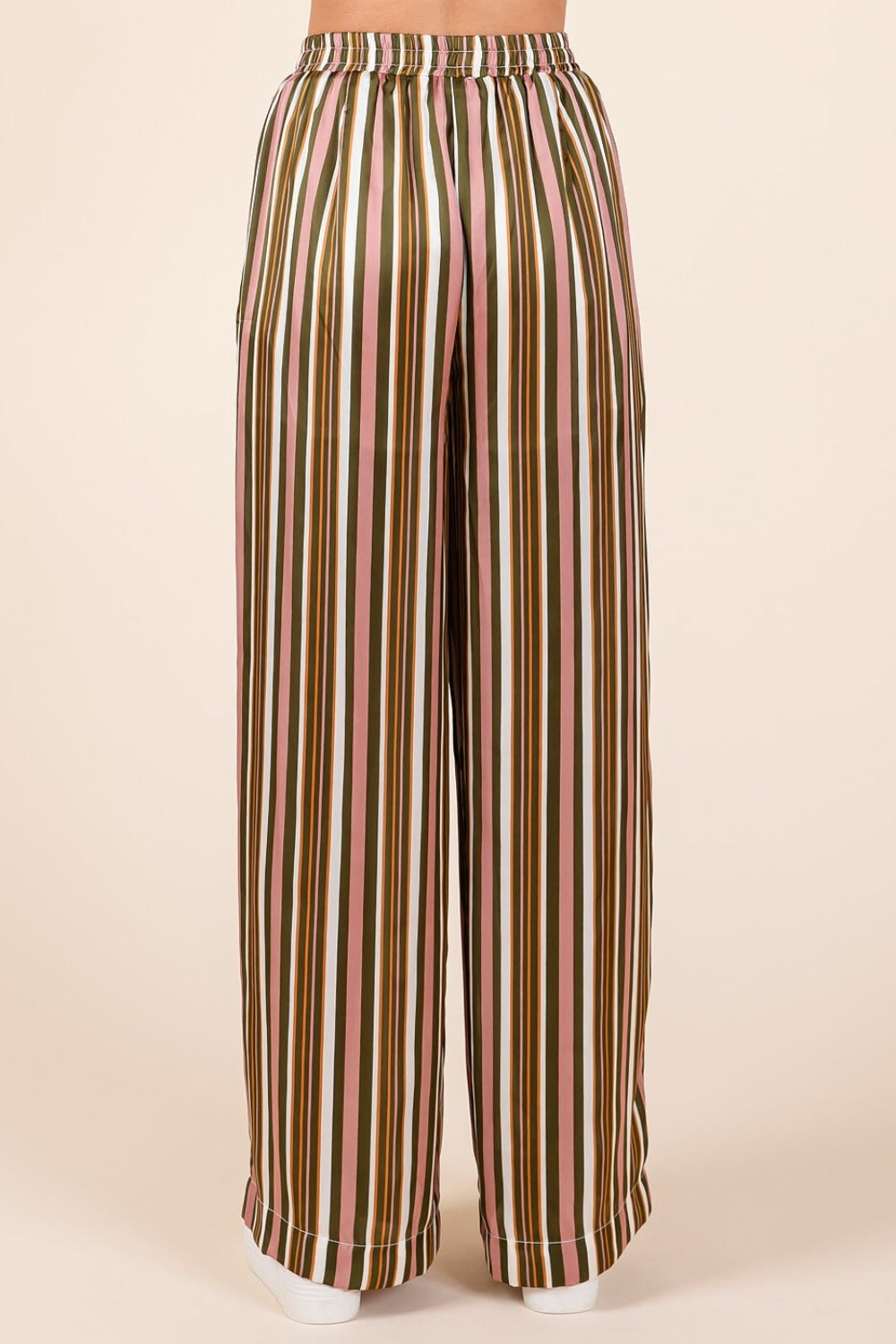 Mauve Brown Striped Satin Elastic Waist Wide Leg Pants