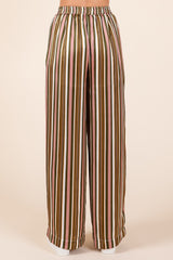 Mauve Brown Striped Satin Elastic Waist Wide Leg Pants