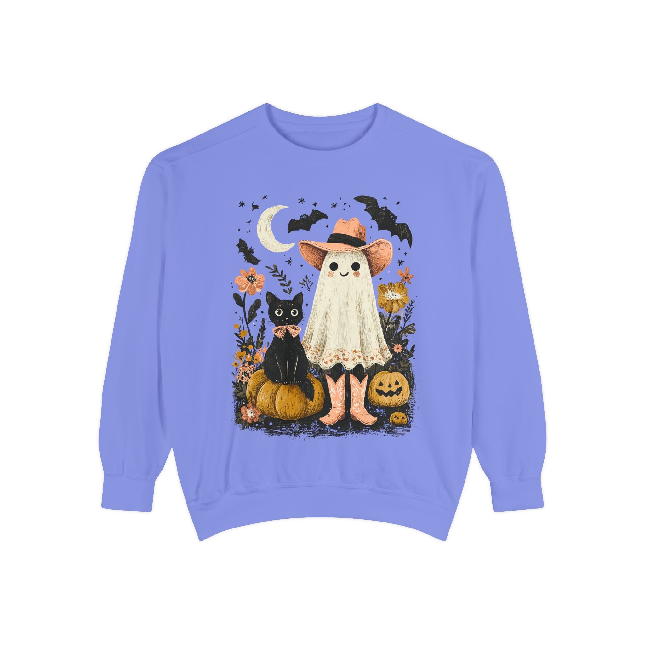 Halloween Ghost Costume Sweatshirt — Cute Ghost, Black Cat & Pumpkins Fall Pullover - sweatshirt product image 12