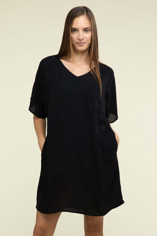 Causal Woven Airflow V Neck T-Shirt Dress with Pockets, ZENANA, $ 36.95