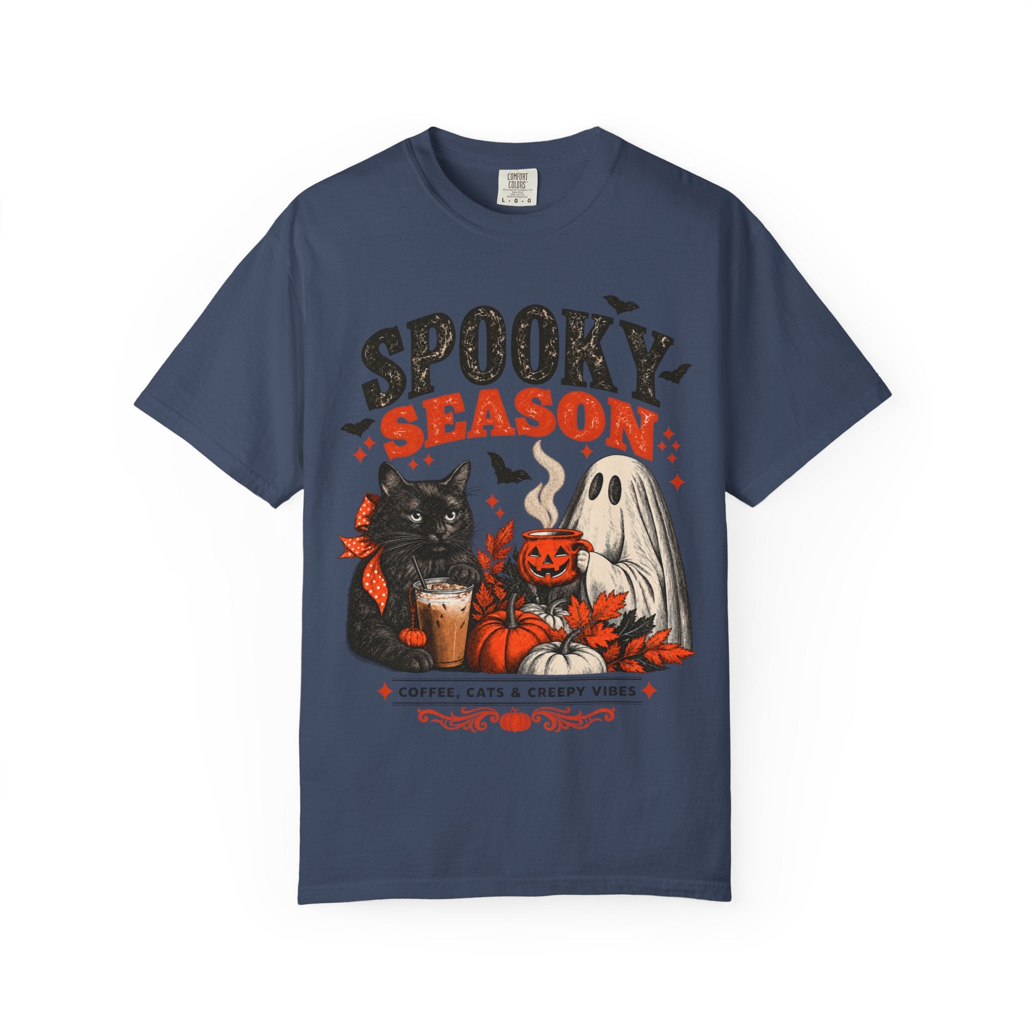 Spooky Season Black Cat & Ghost T-Shirt | Halloween Coffee & Cats Tee