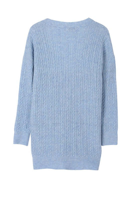 Light Blue Wool Blended Cable Knitted Cardigan