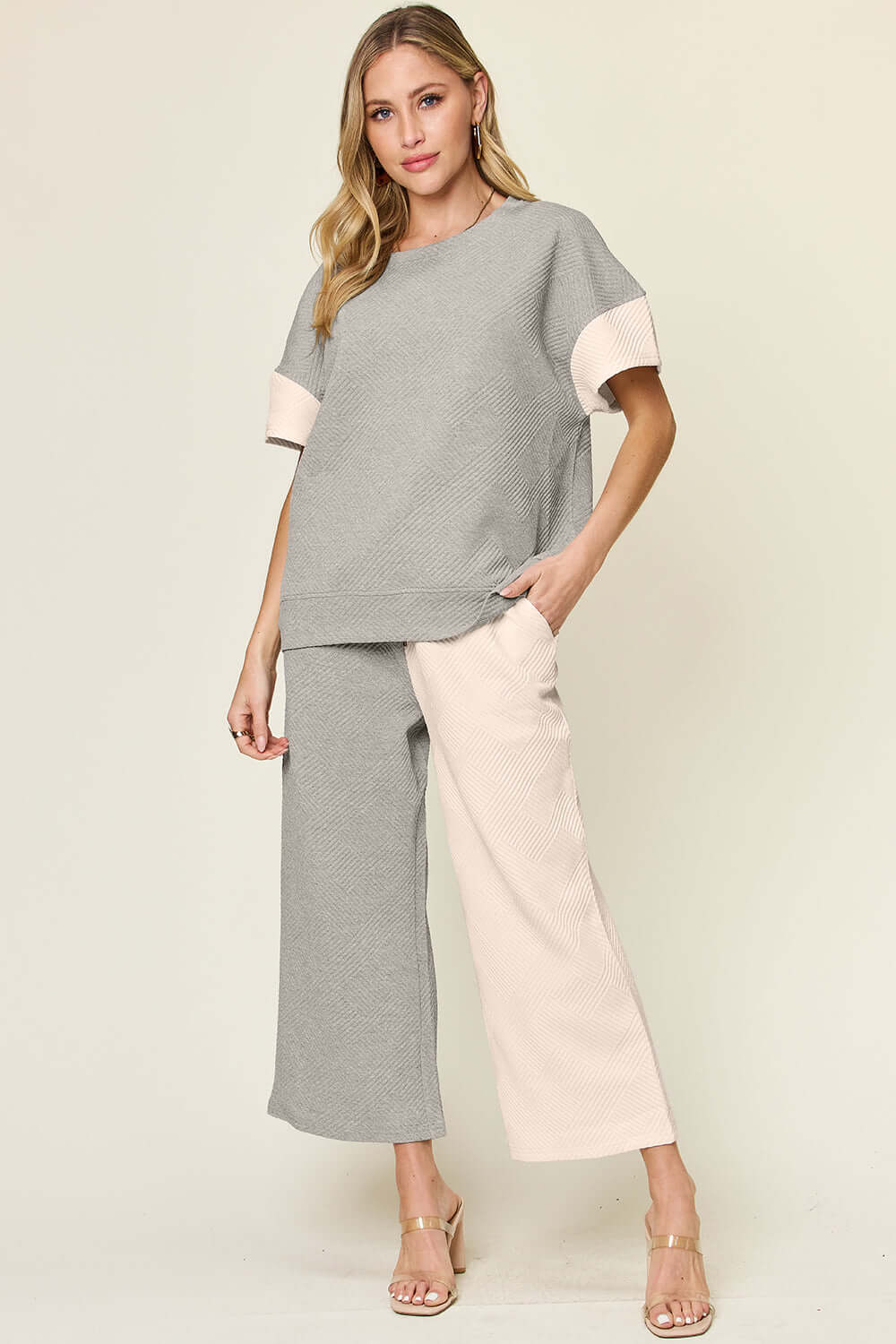 Short Sleeve Contrast T-Shirt and Wide Leg Pants Set, Double Take, $ 49.00