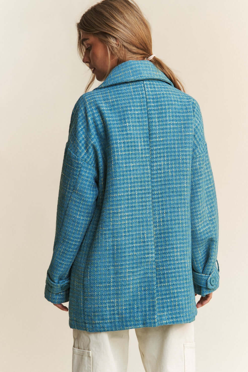 Emerald Sea Teal Tweed Double-Breasted Coat for Elegance, Coats, $ 69.00, A Moment Of Now™