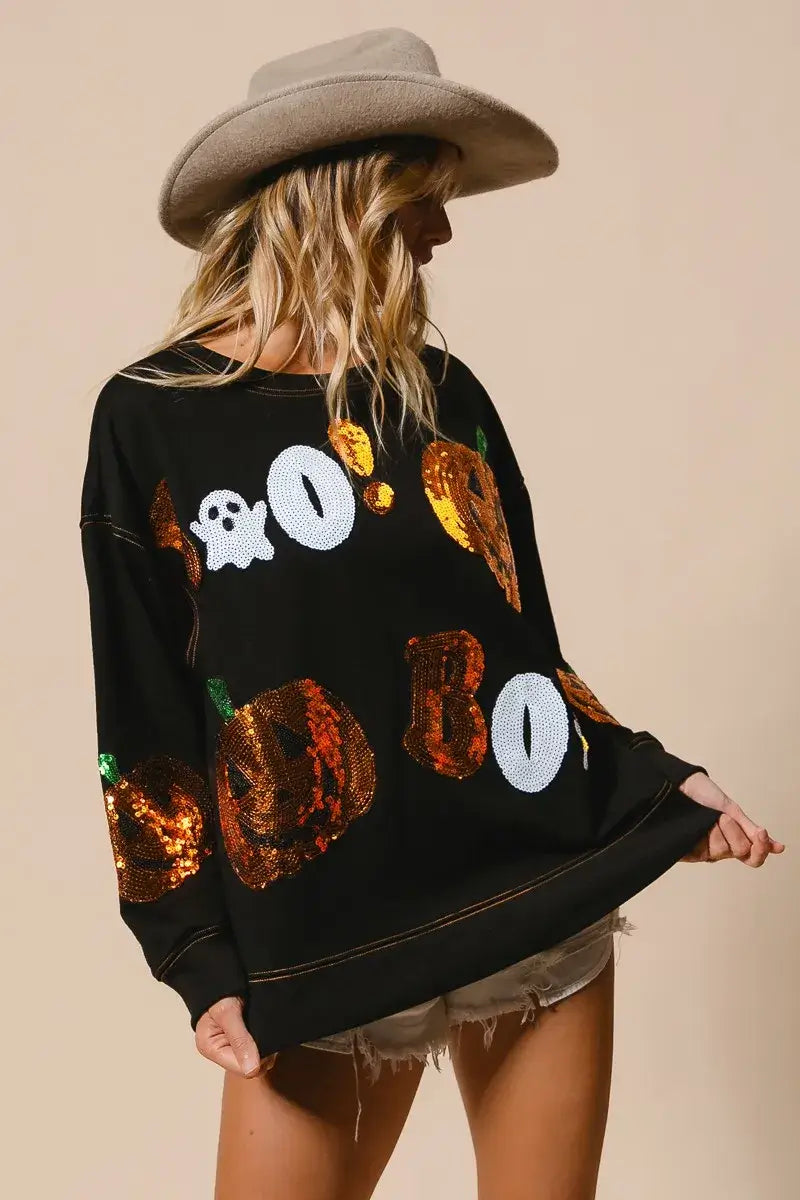 Black Halloween Sequin Embroidery Sweatshirt, Sweatshirts, $ 62.00, A Moment Of Now™