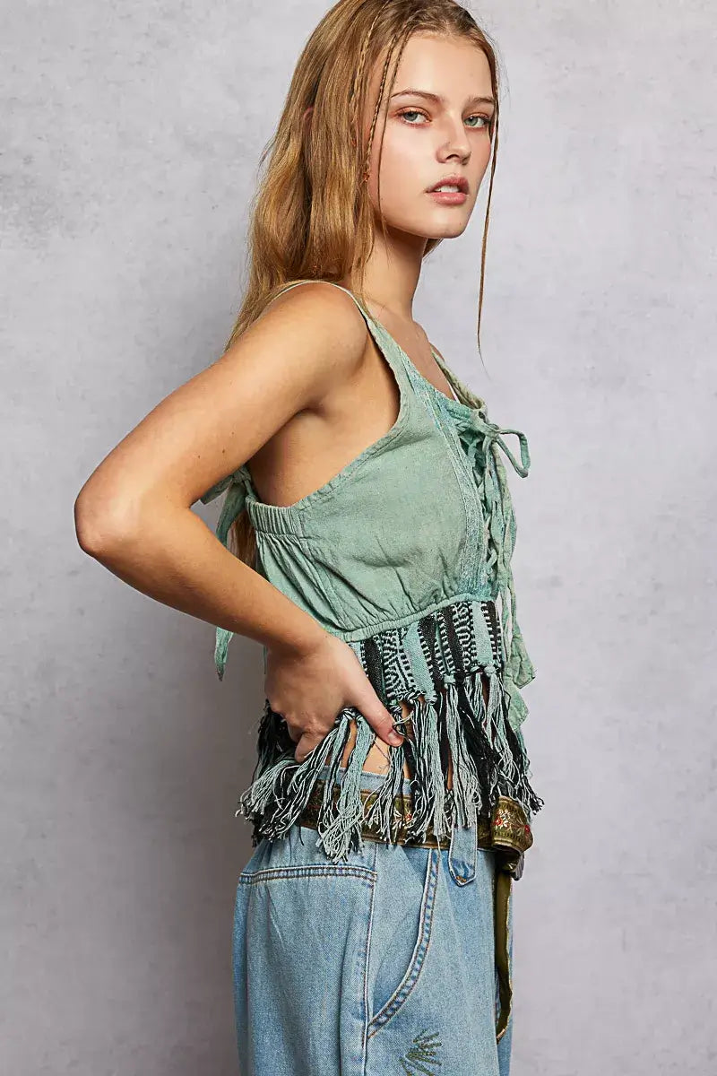 Sage Lace-Up Fringe Hem Tank with Lace Detail Boho Fashion Clothing, Tank Tops, $ 47.00, A Moment Of Now™
