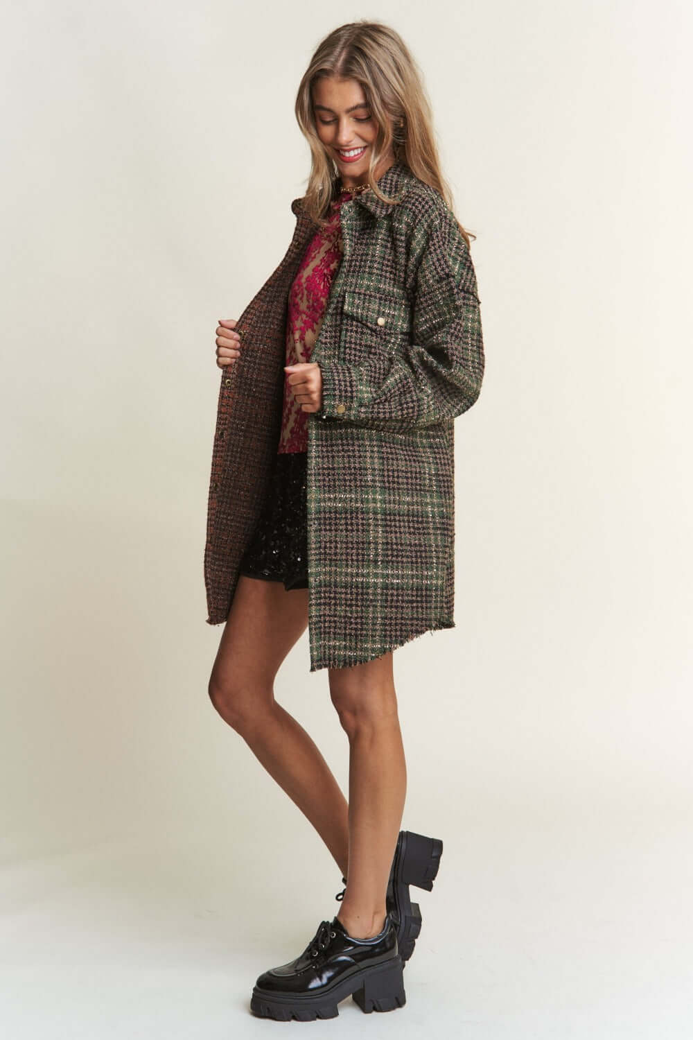 Misty Forest Green Snap Down Tweed Plaid Contrast Longline Shacket, Shackets, $ 72.00, A Moment Of Now™