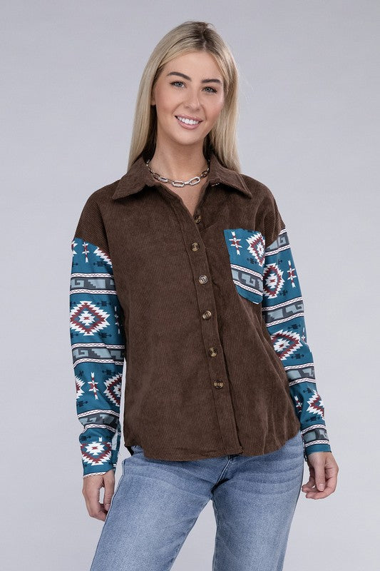 Brown Blue Patched Pocket Corduroy Shacket Jacket