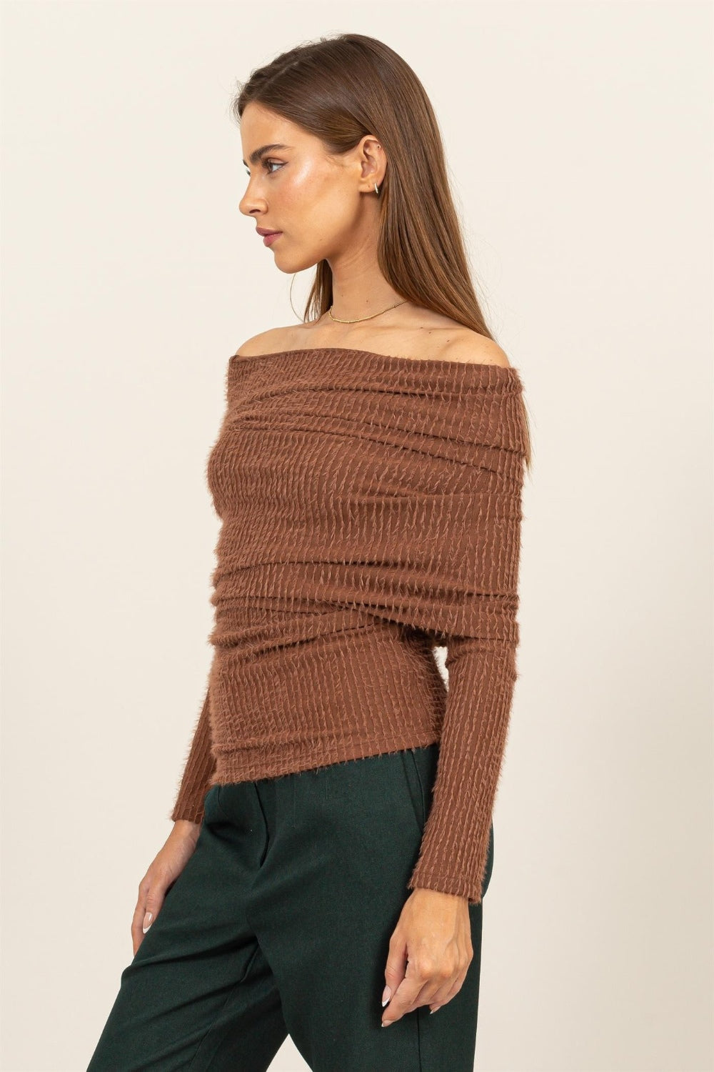 Mocha Brown Luxe Off-Shoulder Knit Top