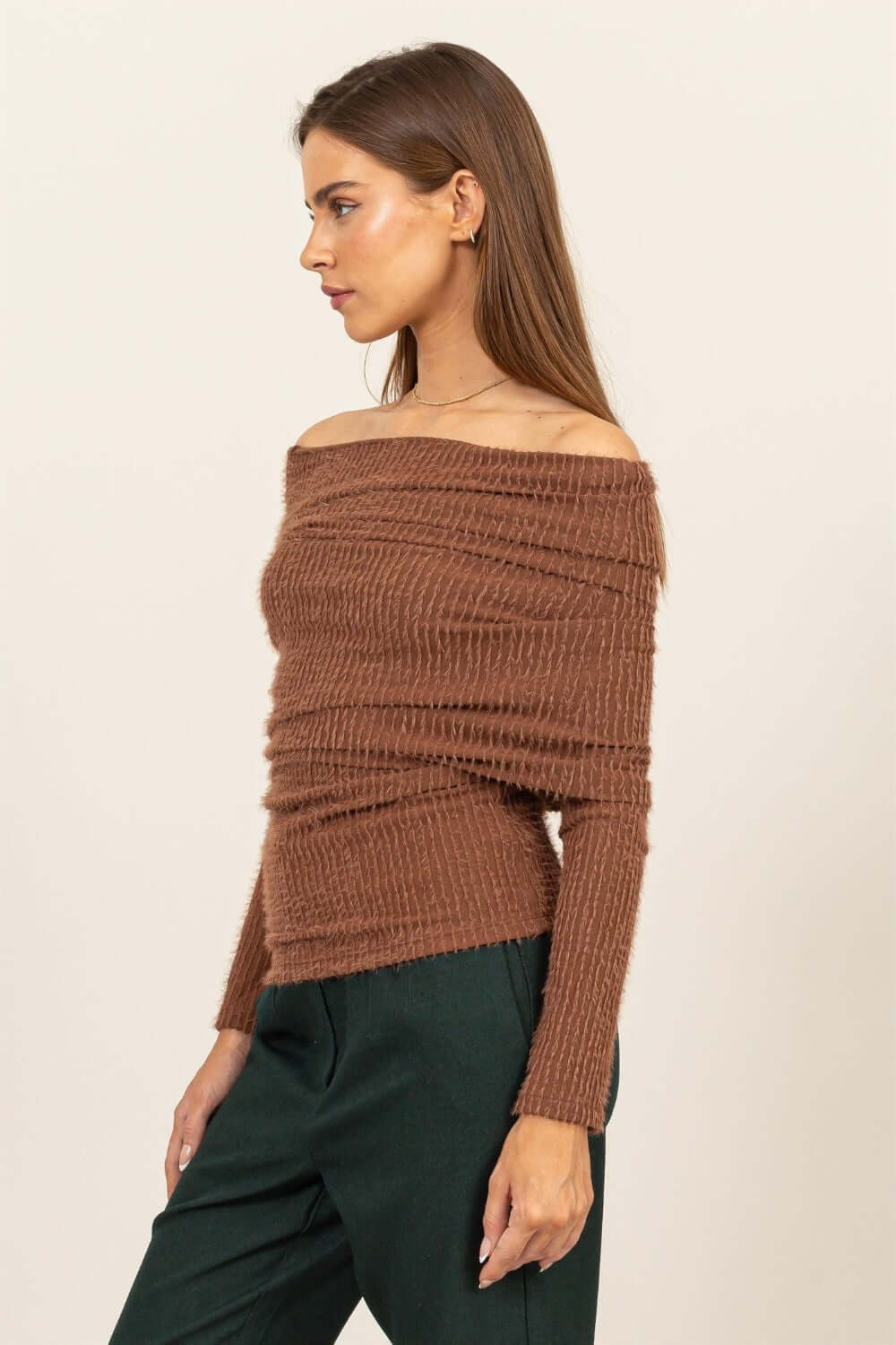 Mocha Brown Luxe Off-Shoulder Knit Top - Stylish & Comfortable, Tops, $ 35.00, A Moment Of Now™
