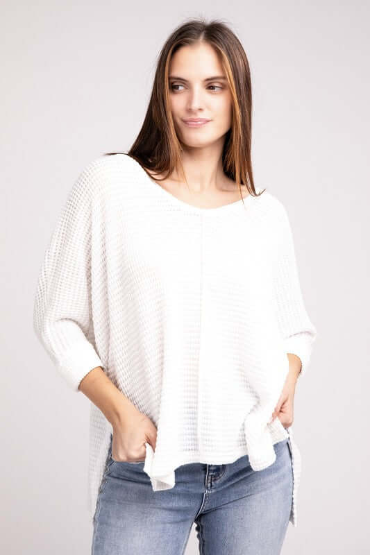 3/4 Sleeve V-Neck Hi-Low Hem Jacquard Sweater, ZENANA, $ 24.95