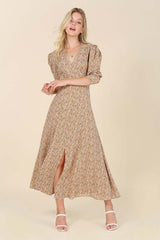 Beige Flare Floral Puff Shoulder Maxi Dress, Lilou, $ 41.95