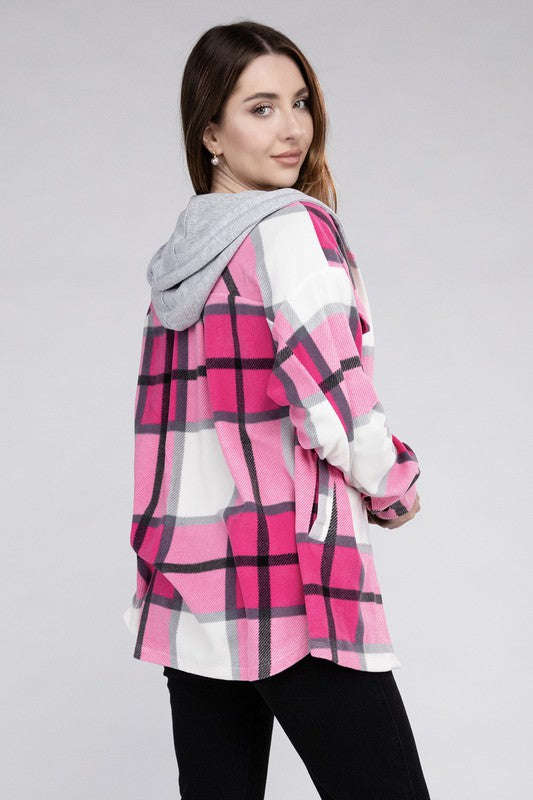 Shop Plaid Drawstring Hooded Fleece Shacket, Shackets, USA Boutique