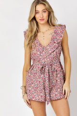 Shop Red Floral Printed Button Down V-Neck Mini Romper | USA Boutique , Rompers, USA Boutique