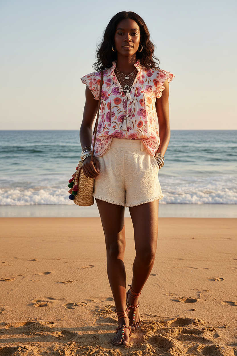 Pink Tassel Tied Floral Flutter Sleeve Blouse