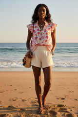 Pink Tassel Tied Floral Flutter Sleeve Blouse