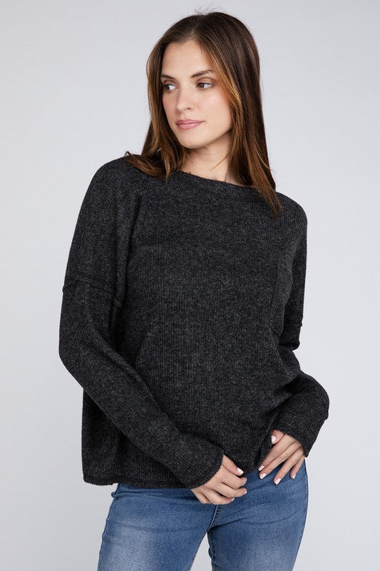 Shop Women's Ribbed Brushed Melange Hacci Sweater with a Pocket, Sweaters, USA Boutique