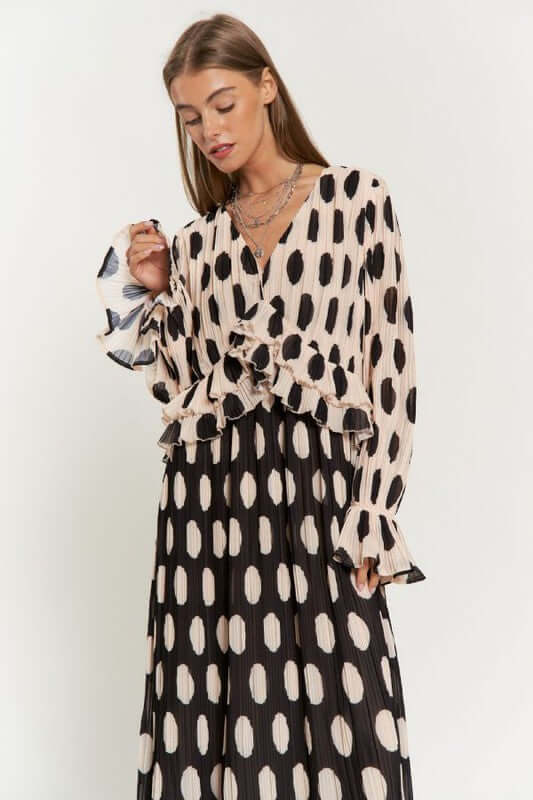 Shop Polka Dot Ruffled Long Sleeve Pleated Maxi Dress in Taupe Black, Dresses, USA Boutique