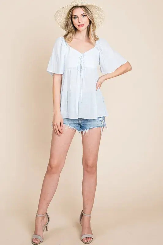 Sky Blue Thin Striped with Tie Front Babydoll Top: Chic Style, Tops, $ 27.00, A Moment Of Now™