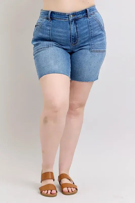 Judy Blue Mid Rise Bermuda Denim Shorts with Raw Hem | Plus Size, Shorts, $ 52.00, A Moment Of Now™