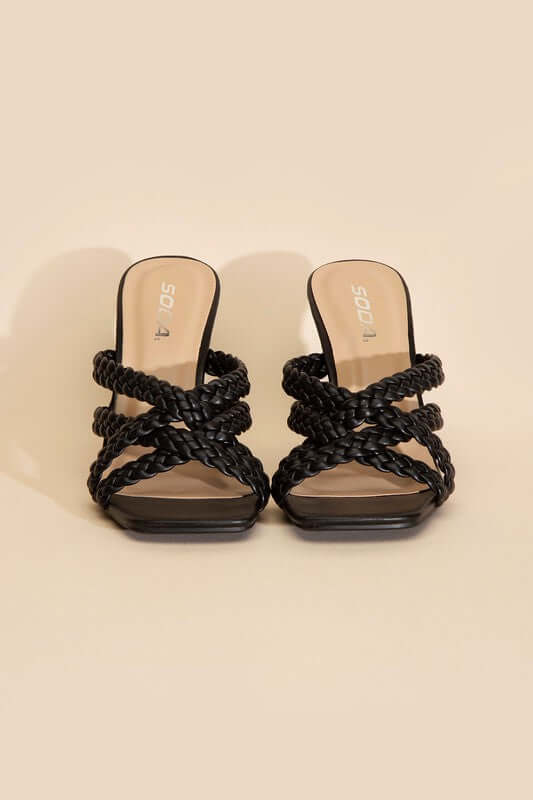 KELLAN-S Double Cross Braided Heels Sandals in Black White, Fortune Dynamic, $ 35.00