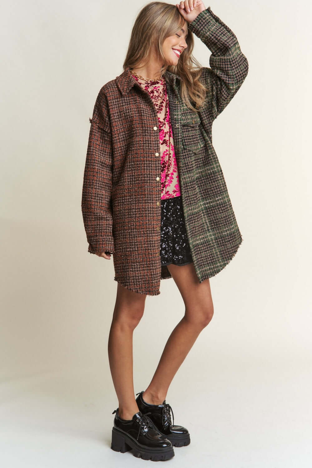 Misty Forest Green Snap Down Tweed Plaid Contrast Longline Shacket, Shackets, $ 72.00, A Moment Of Now™