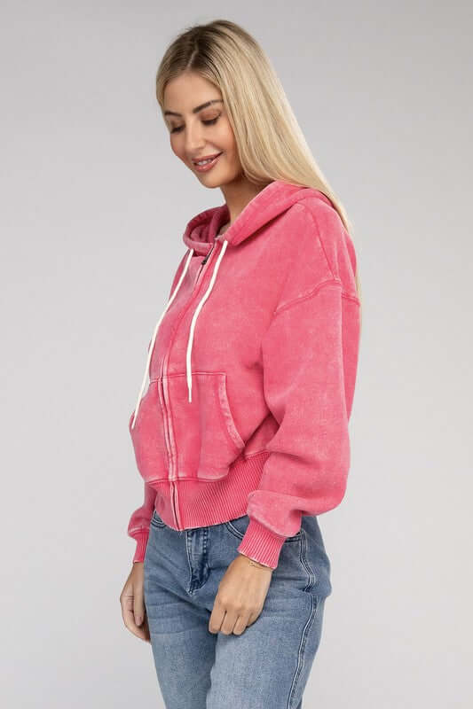 Acid Wash Fleece Cropped Zip-Up Hoodie, ZENANA, $ 49.95