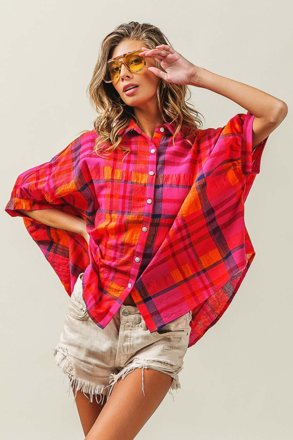 Fuchsia Button Up Dolman Sleeve Plaid Shirt Top, BiBi, A Moment Of Now